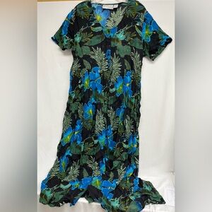J.A. Studio Vintage 100% Rayon Tropical Floral Dress L 90s Grunge Boho Tropics